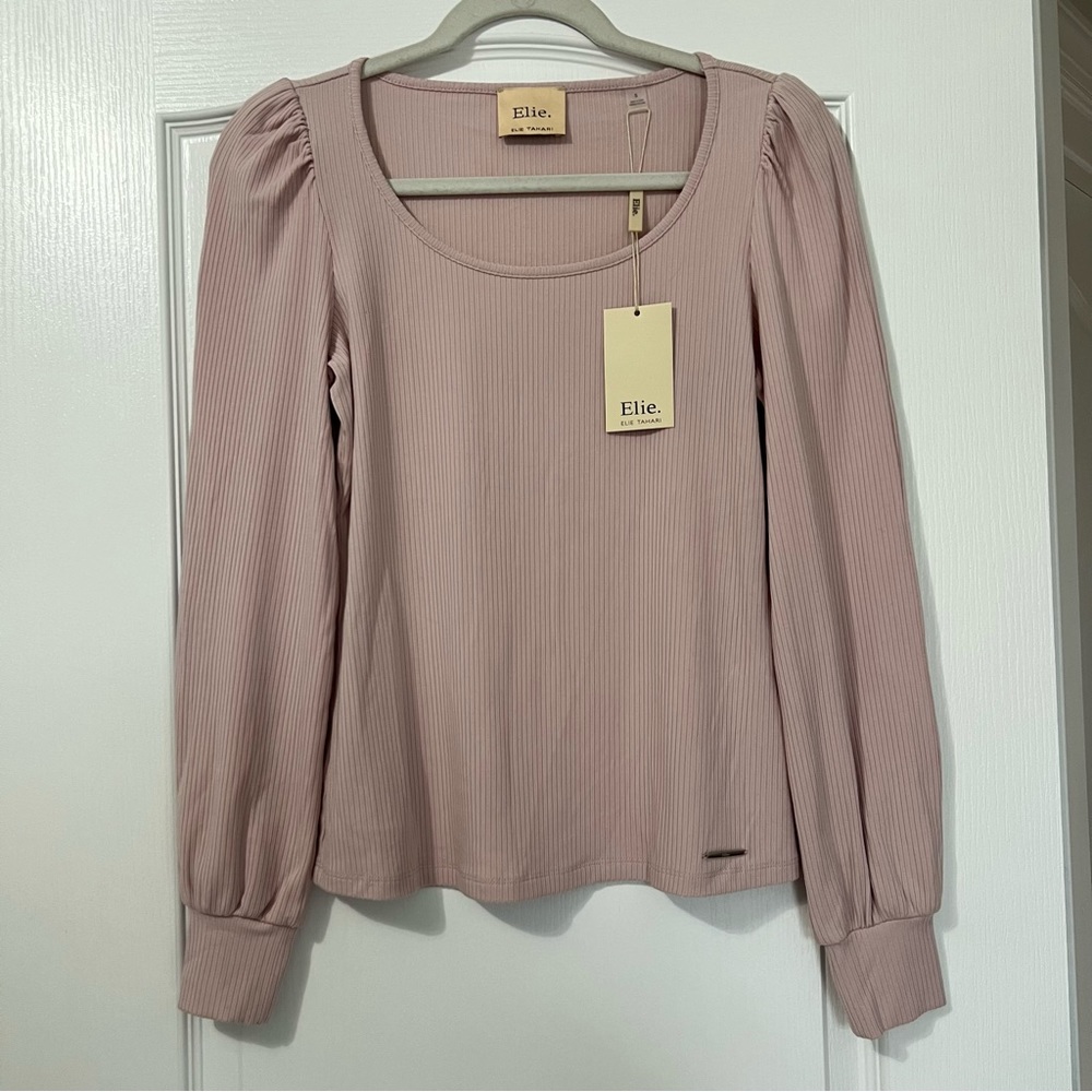 Elie Tahari Pastel Pink Ribbed Long Puff Sleeve Scoop Neck Blouse *NWT*